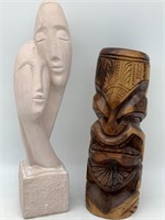 Carved Tiki Totem Statue and Plaster Tribal Statue