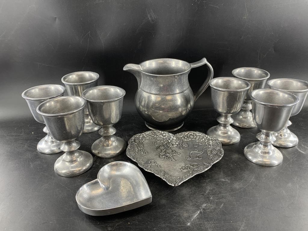 Lot of pewter goblets, and pitcher and 2 heart sha