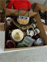 Box of coffee cups, baskets, cheese crock