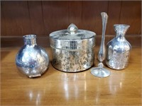 Mercury glass decor lot, bud vases, jar