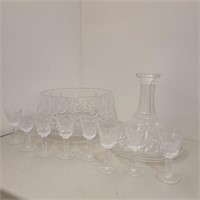 Vintage Diamond Cut Glass Decanter, Glasses & Bowl