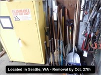 LOT, ASSORTED CLEAN UP TOOLS & SLEDGE HAMMERS IN
