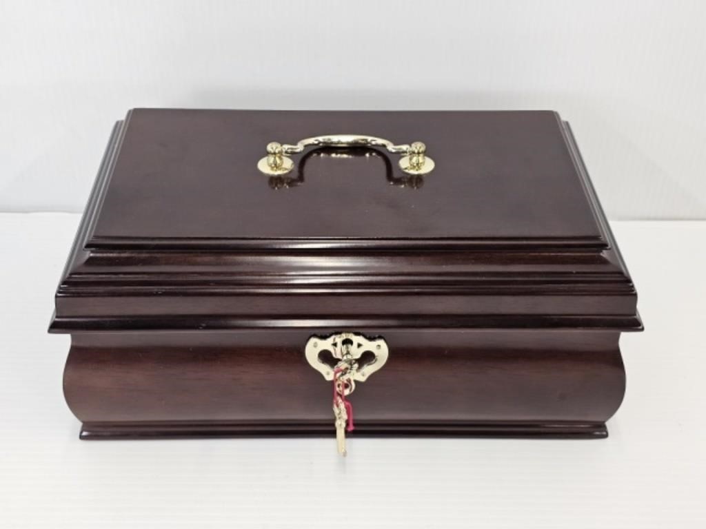 MAHOGANY JEWELRY BOX WITH KEY - 8" X 13"