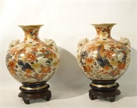 2 Japanese Painted Vases on wood stand