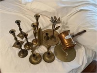 Miscellaneous brass candle holders, saucepan