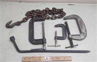 Large C Clamps, Chain,& Tire Iron