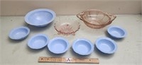 Blue Glass Bowls & Two Pink Bowls