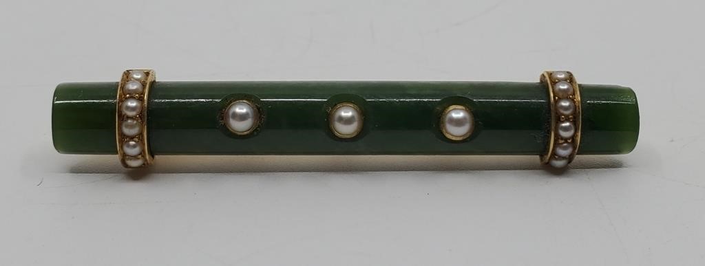 Victorian 14k Gold Jade and Seed Pearls Brooch