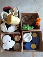 4 boxes of assorted Tupperware, vases, purses,