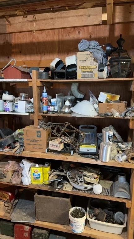 Five shelves of miscellaneous garage items,