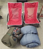 (2) Sleeping Bag w/ (2) Camp Fold Up Chairs
