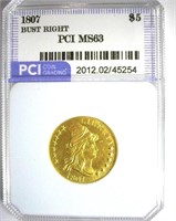 1807 Bust Right Gold $5 PCI MS-63 LISTS FOR $40000