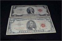1963 Red Seal $5 Bill & 1953A Red Seal $2 Bill