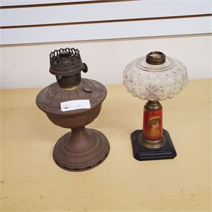 Two Oil Lamps, Metal and Glass