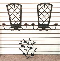 Leaf Candleholder and Two Wrought Iron Sconces