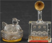 PHONOGRAPH & HEN ON NEST GLASS CANDY CONTAINERS