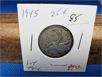 1-1945 25 CENT SILVER COIN