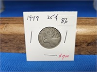 1-1949 25 CENT SILVER COIN