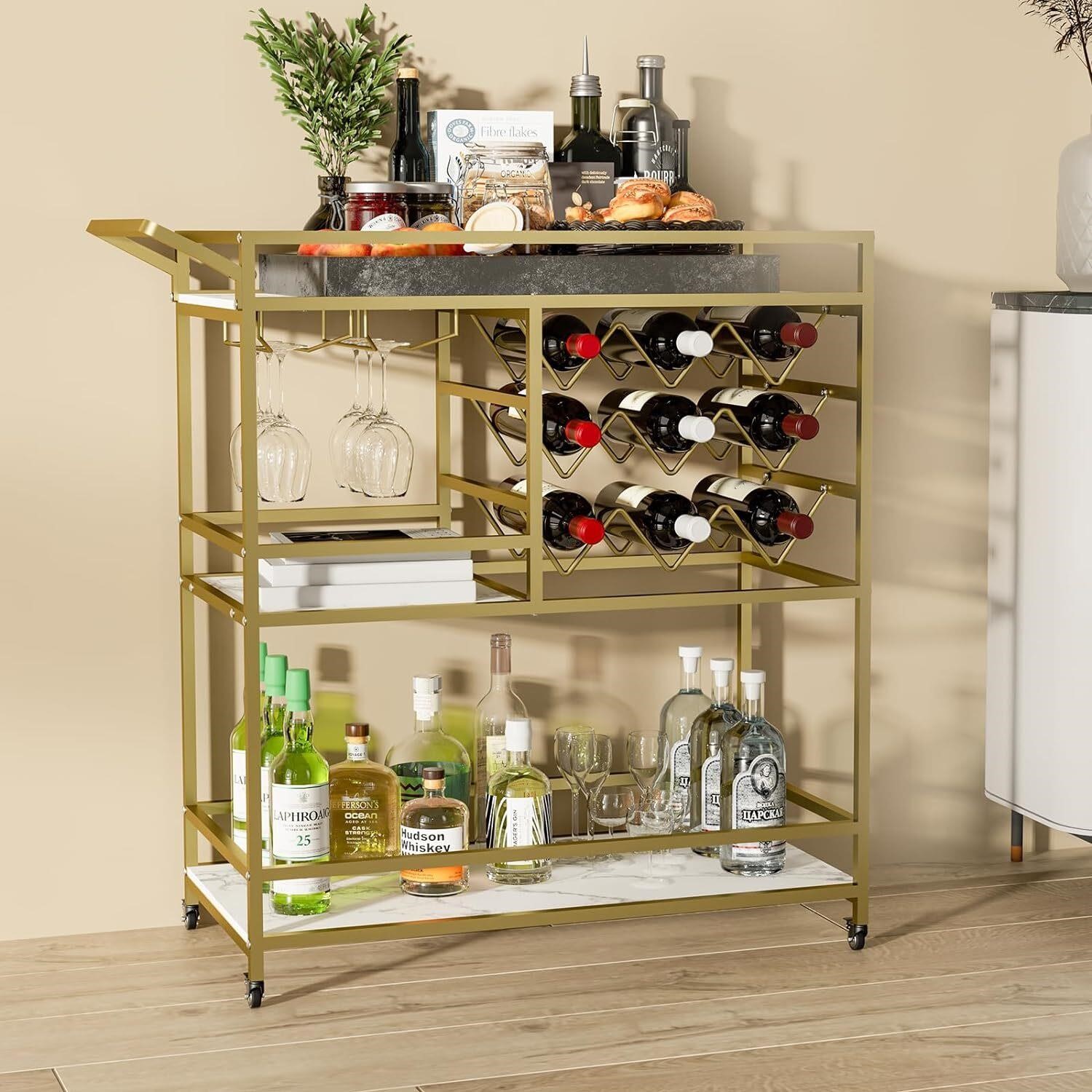 3-Tier Golden Bar Cart for Home  Kitchen