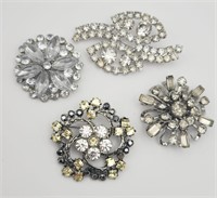 4-VINTAGE SILVER TONED RHINESTONE BROOCHES