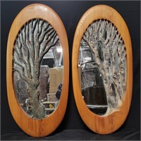 Pair of tree-motif wood-framed wall mirrors