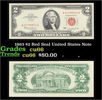 1963 $2 Red Seal United States Note Grades Gem+ CU