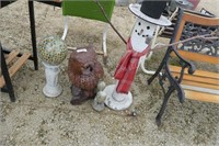 Yard decor -- gazing ball, owl, squirrel, snowman,