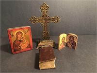 Brass cross, 2 wood pics, Hymns book