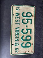 1962 WEST VIRGINIA LICENSE PLATE #95599