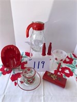 Red capped syrup dispenser; S&P Shakers