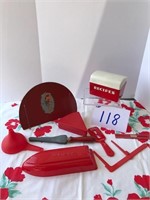 Red metal cook book holder, red pie holder
