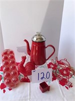 Red plastic egg holder;  coffee pot