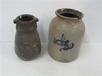 1 1/2 Gal. Crock w/Blue Broken + Redware Vase