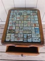 F1) Vintage Beer Puzzle End Table, Glass Top and