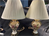 Pair Of Vintage Porcelain Floral Footed Lamps W/