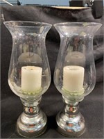 Vintage Pair Of Glass Hurricane Lamps W/ Enclosed