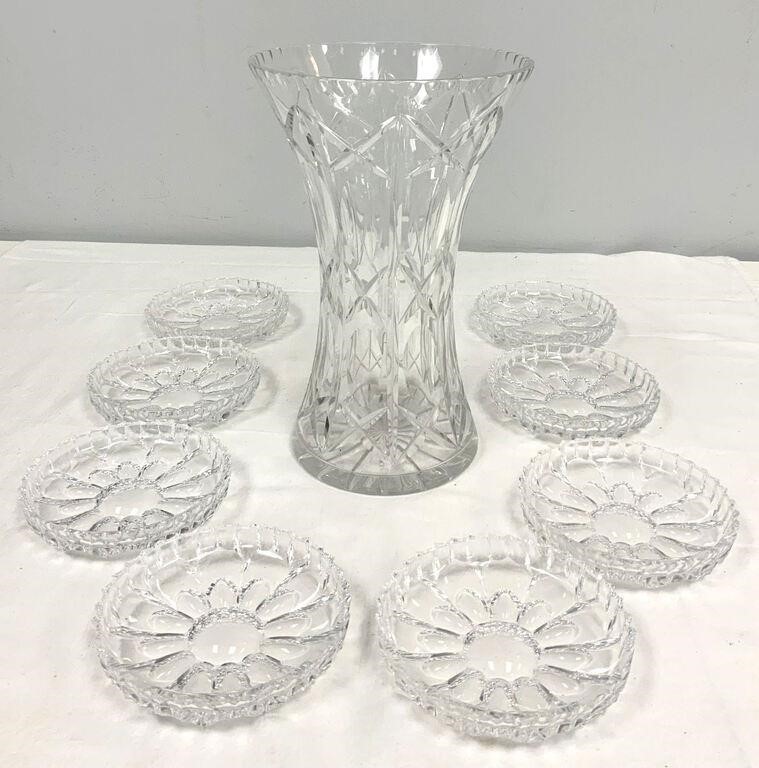 Beautiful Crystal Vase, Eight Individual Bowls