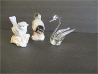 Art Glass Swan & 2 Porcelain Bird Figurines