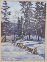 Oil Painting of Dog Team in Winter