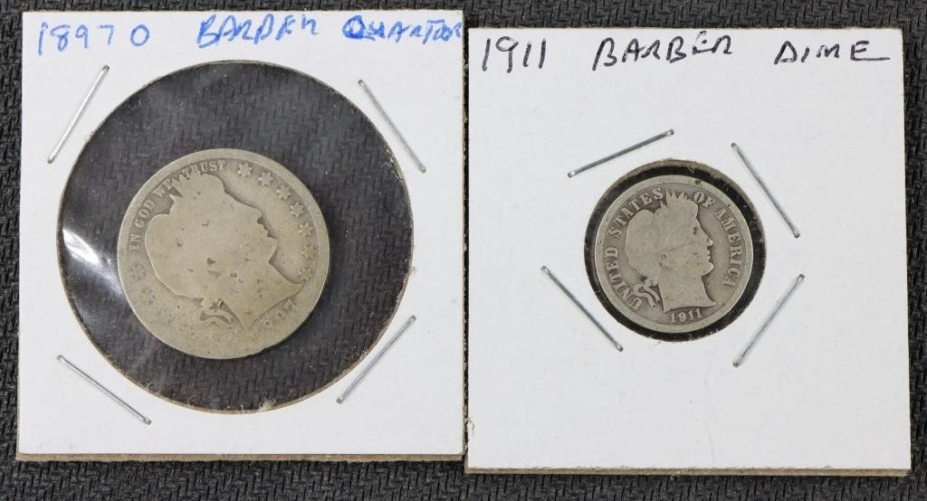 2 Barber Coins: 1911 Dime & 1897 O Quarter