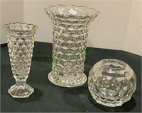 American Fostoria vase collection of three unique