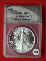 1988 American Eagle ANACS MS69 1 Ounce Silver