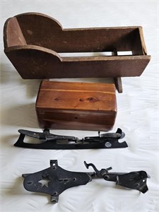 SMALL WOODEN CRADLE, CEDAR BOX, PAIR OF METAL