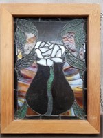 Framed Stained Glass Piece of White Rose in Vines