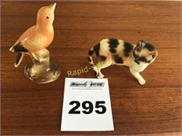 Cat and Bird Porcelain Figurines