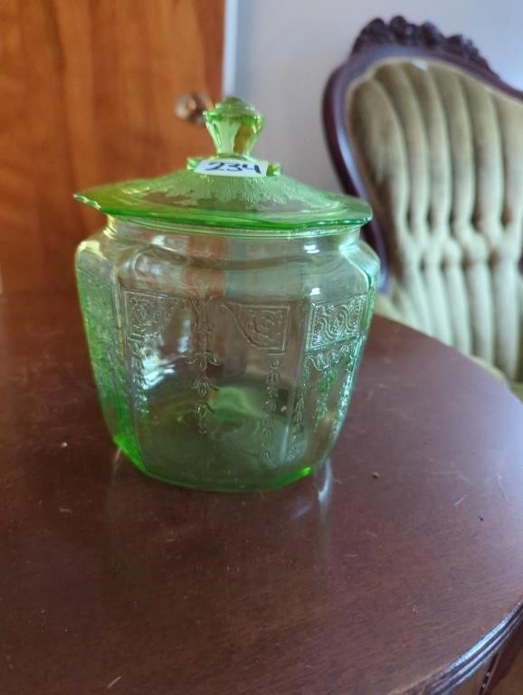 Green glass cookie jar with lid