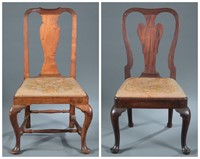 2 Transitional Queen Anne side chairs, 18th c.