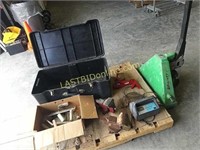 2 Vises, Battery Charger, Tote, Concrete Tools