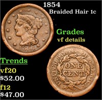 1854 Braided Hair Large Cent 1c Grades vf details
