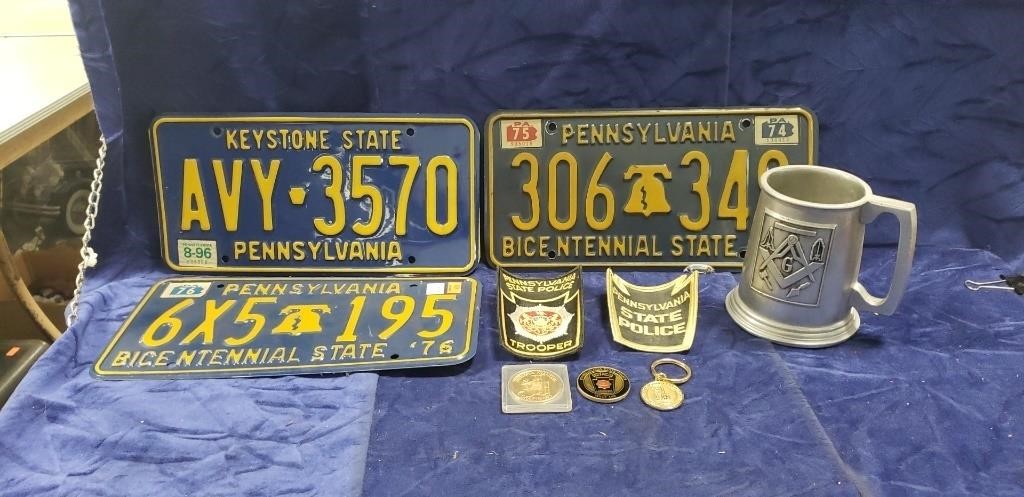 (3) PA. License Plates, Pewter Mug, PA. State